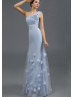 One Shoulder Blue Chiffon Tulle Chic Evening Dress